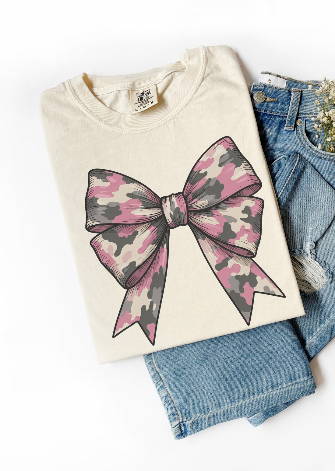 Camo Pink Coquette Bow T-Shirt - Affirmation Apparel Co.