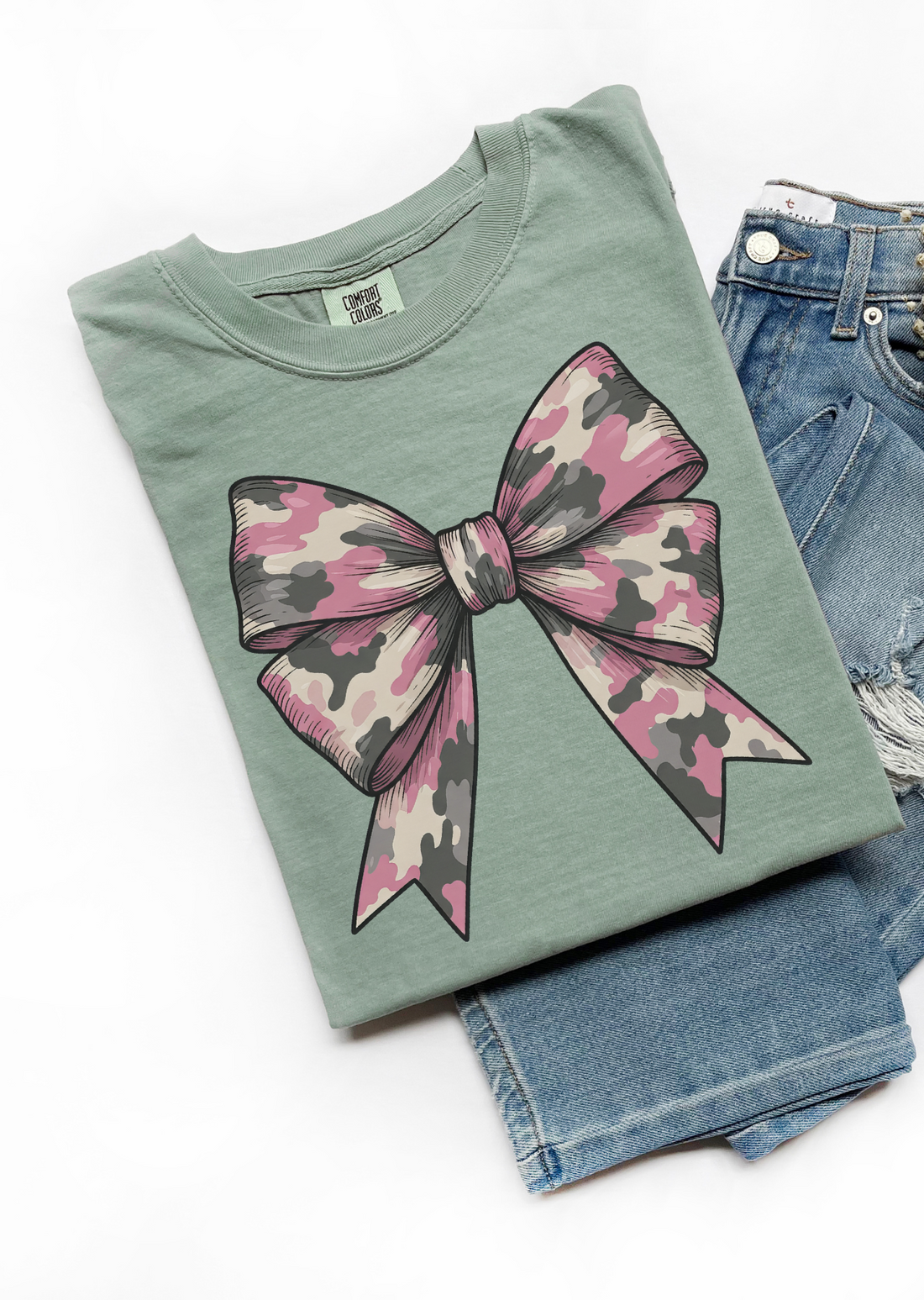 Camo Pink Coquette Bow T-Shirt - Affirmation Apparel Co.