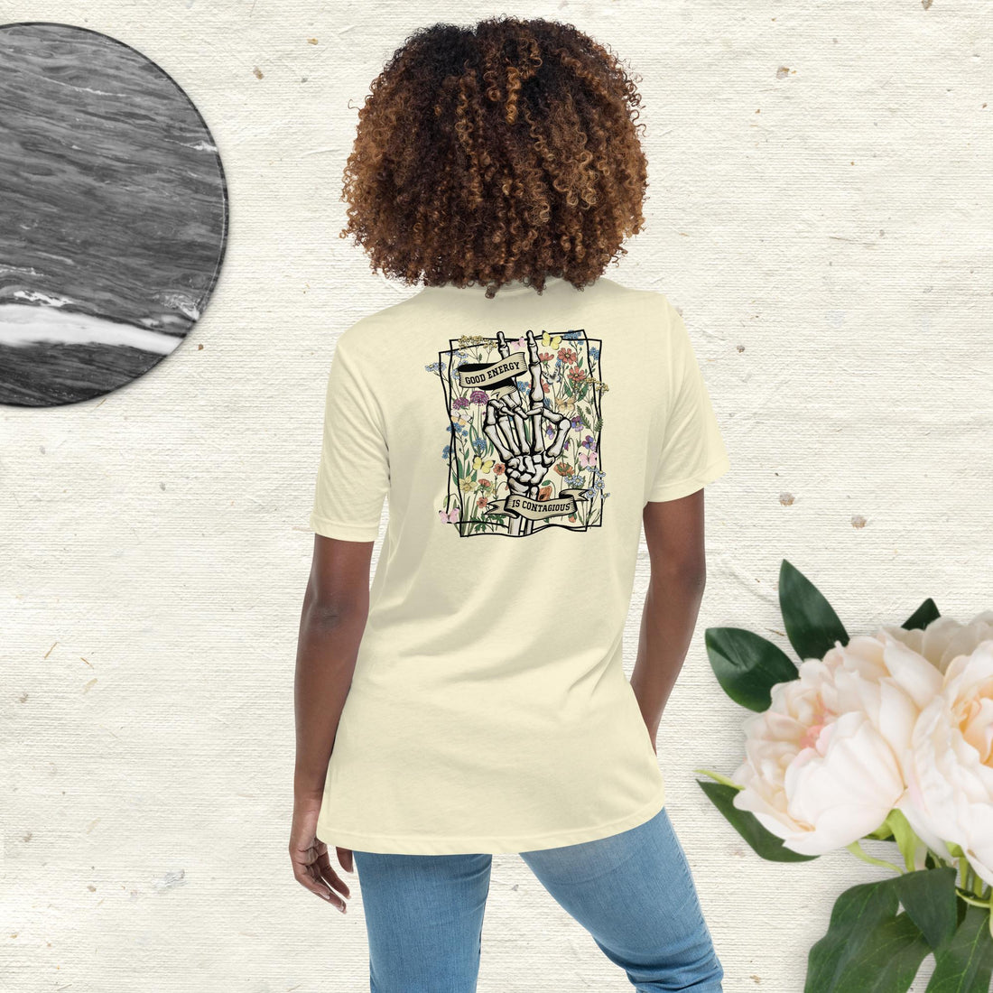 Good Energy Is Contagious T-Shirt with Skeleton Peace Sign, Wildflowers, and Butterflies - Positive Vibes Graphic Tee - Affirmation Apparel Co.