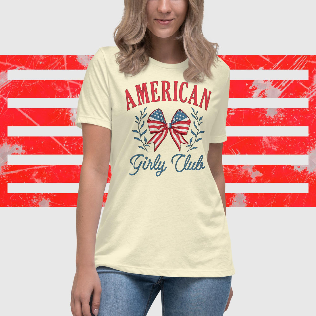 American Girly Club T-Shirt with Star-Spangled Coquette Bow - Patriotic Fashion Top - Affirmation Apparel Co.