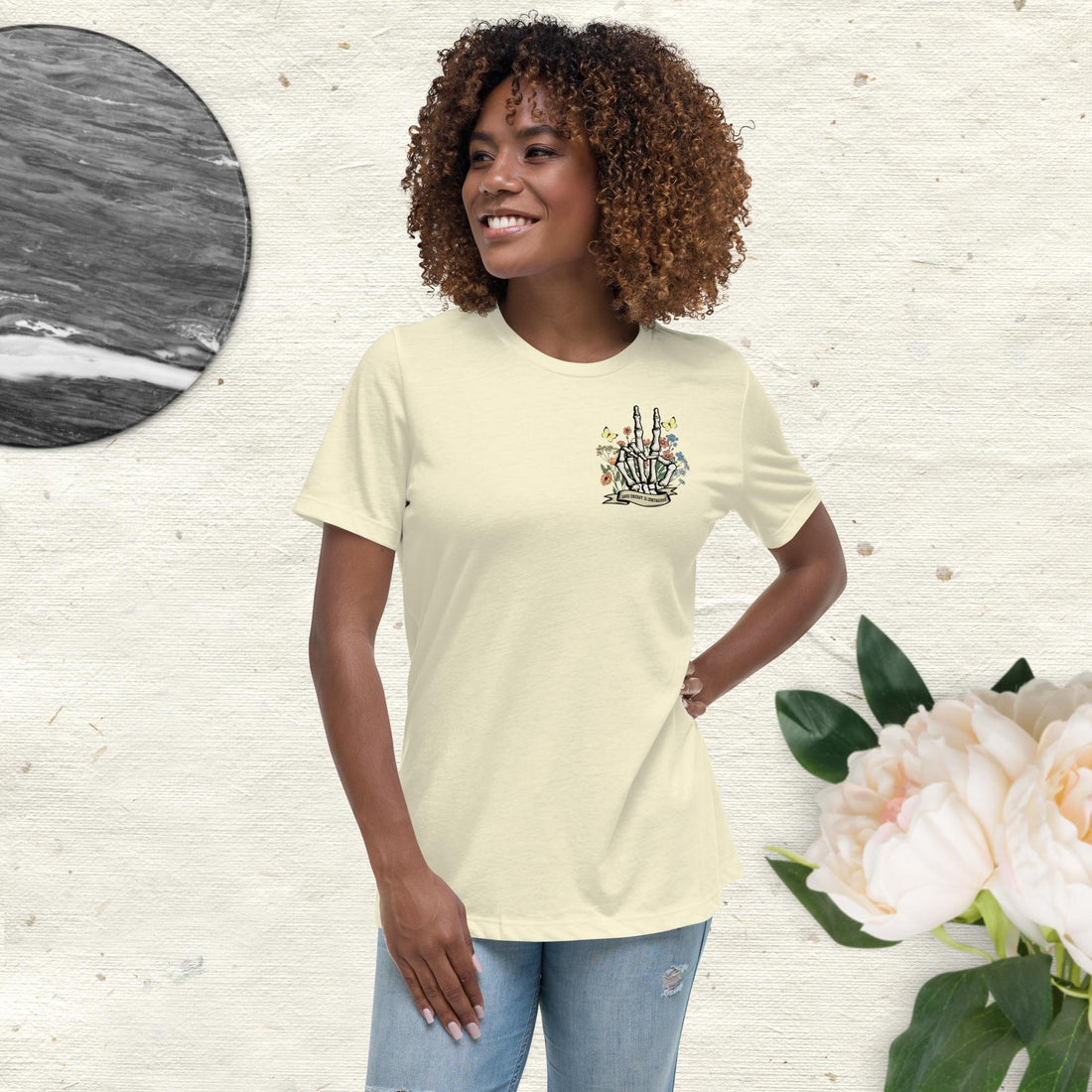 Good Energy Is Contagious T-Shirt with Skeleton Peace Sign, Wildflowers, and Butterflies - Positive Vibes Graphic Tee - Affirmation Apparel Co.