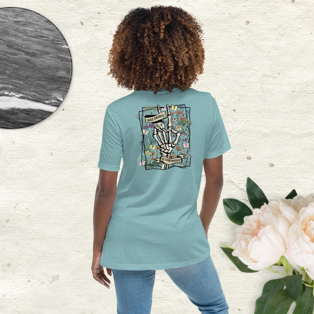 Good Energy Is Contagious T-Shirt with Skeleton Peace Sign, Wildflowers, and Butterflies - Positive Vibes Graphic Tee - Affirmation Apparel Co.