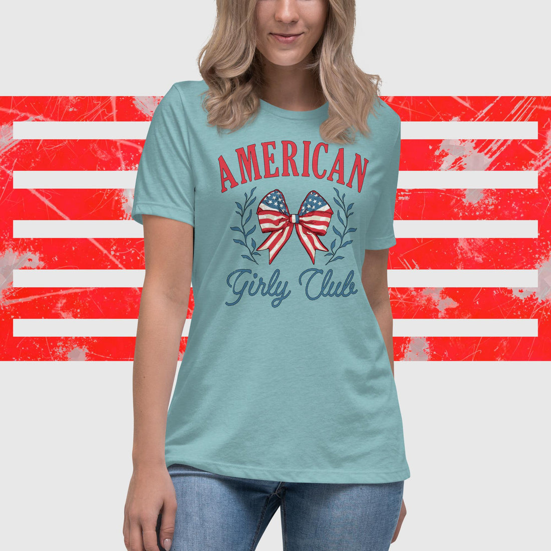 American Girly Club T-Shirt with Star-Spangled Coquette Bow - Patriotic Fashion Top - Affirmation Apparel Co.