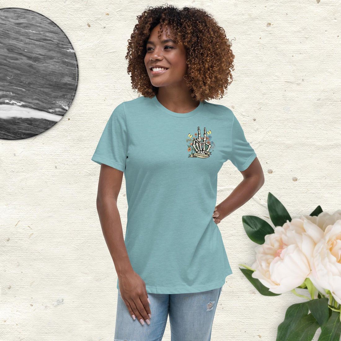 Good Energy Is Contagious T-Shirt with Skeleton Peace Sign, Wildflowers, and Butterflies - Positive Vibes Graphic Tee - Affirmation Apparel Co.