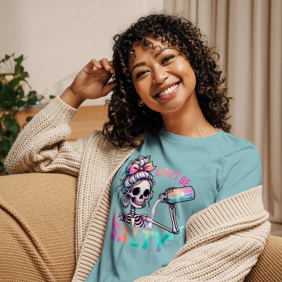 Don't Be Salty T-Shirt with Sassy Skeleton Pouring Salt - Fun Graphic Tee - Affirmation Apparel Co.