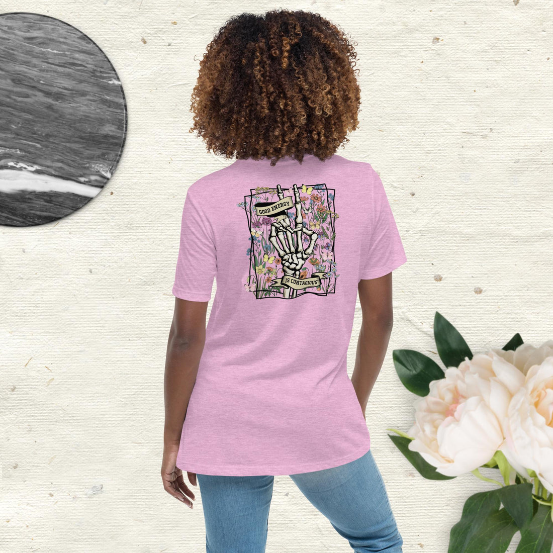 Good Energy Is Contagious T-Shirt with Skeleton Peace Sign, Wildflowers, and Butterflies - Positive Vibes Graphic Tee - Affirmation Apparel Co.