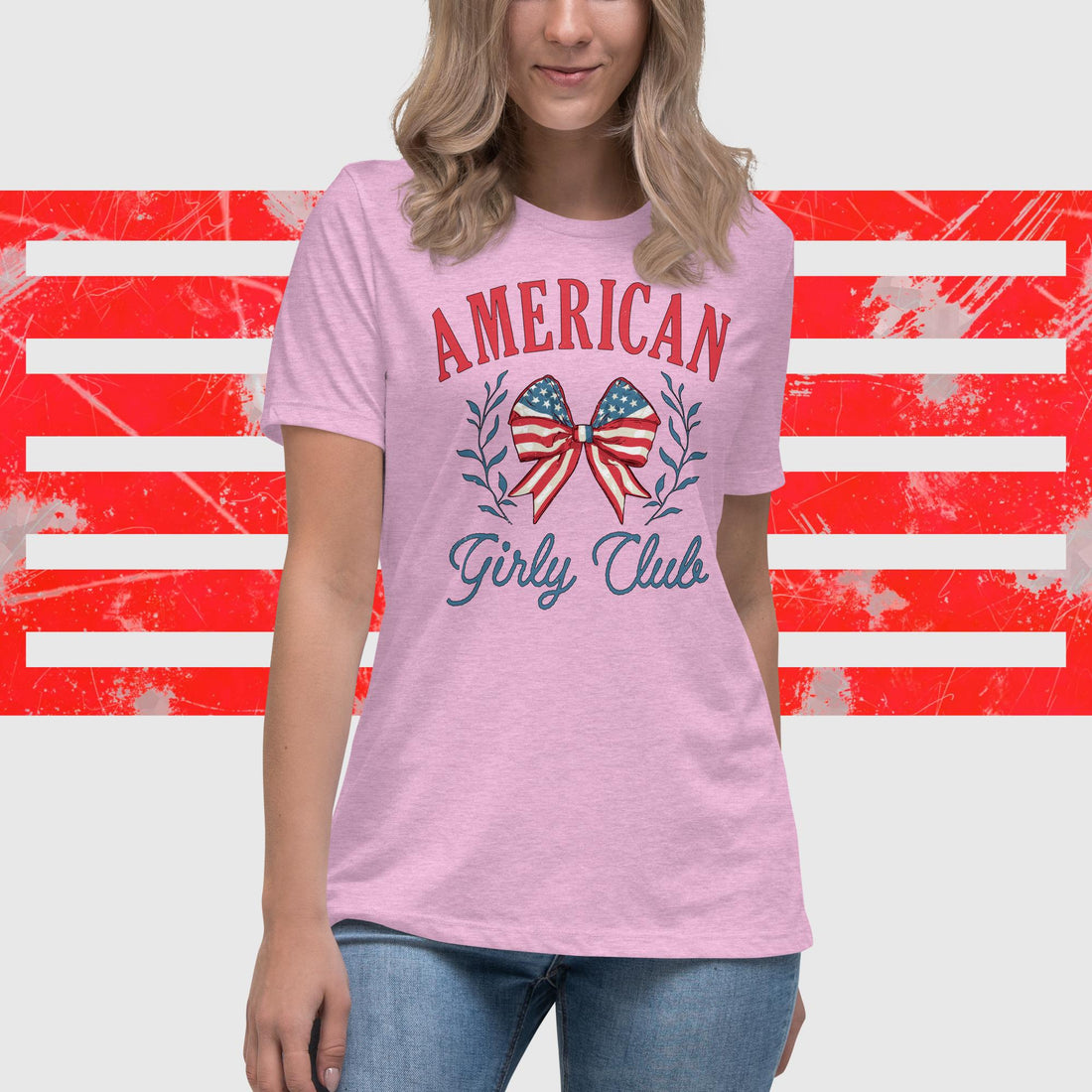 American Girly Club T-Shirt with Star-Spangled Coquette Bow - Patriotic Fashion Top - Affirmation Apparel Co.