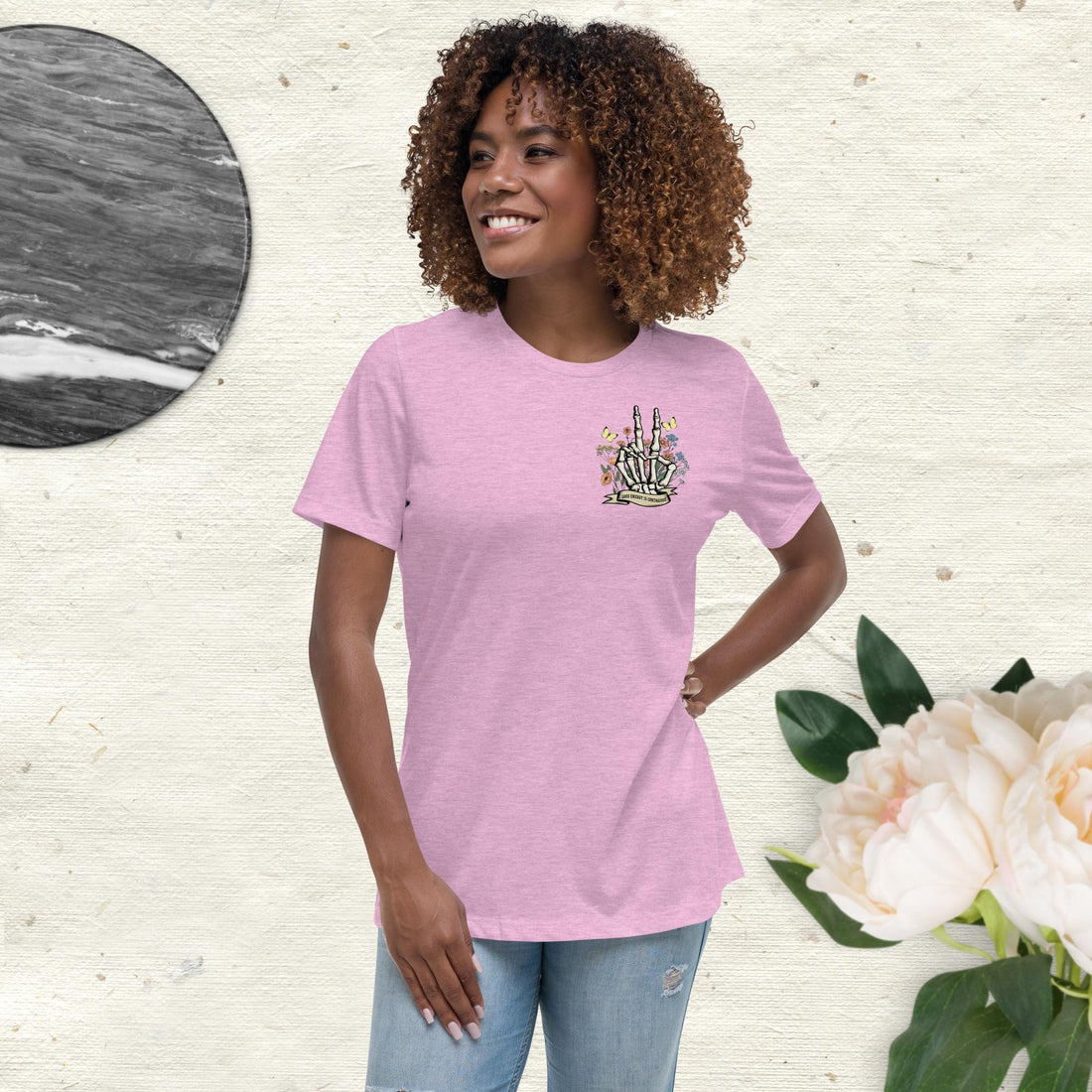 Good Energy Is Contagious T-Shirt with Skeleton Peace Sign, Wildflowers, and Butterflies - Positive Vibes Graphic Tee - Affirmation Apparel Co.