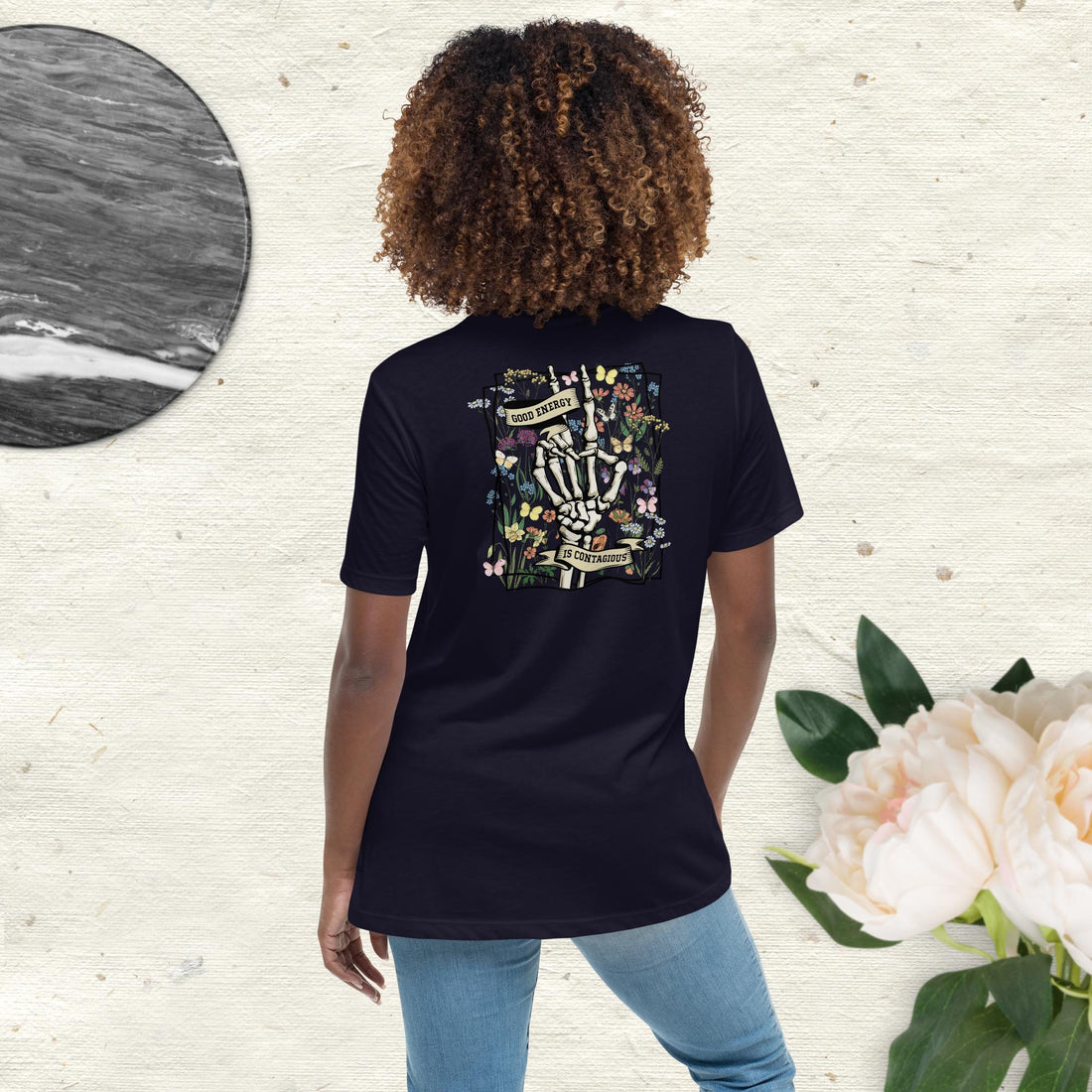 Good Energy Is Contagious T-Shirt with Skeleton Peace Sign, Wildflowers, and Butterflies - Positive Vibes Graphic Tee - Affirmation Apparel Co.