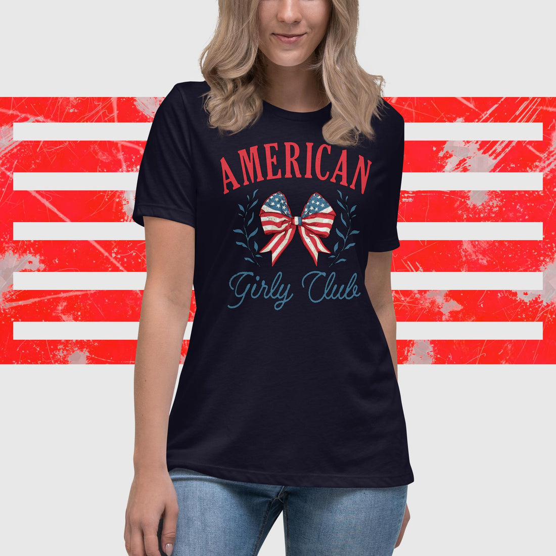 American Girly Club T-Shirt with Star-Spangled Coquette Bow - Patriotic Fashion Top - Affirmation Apparel Co.