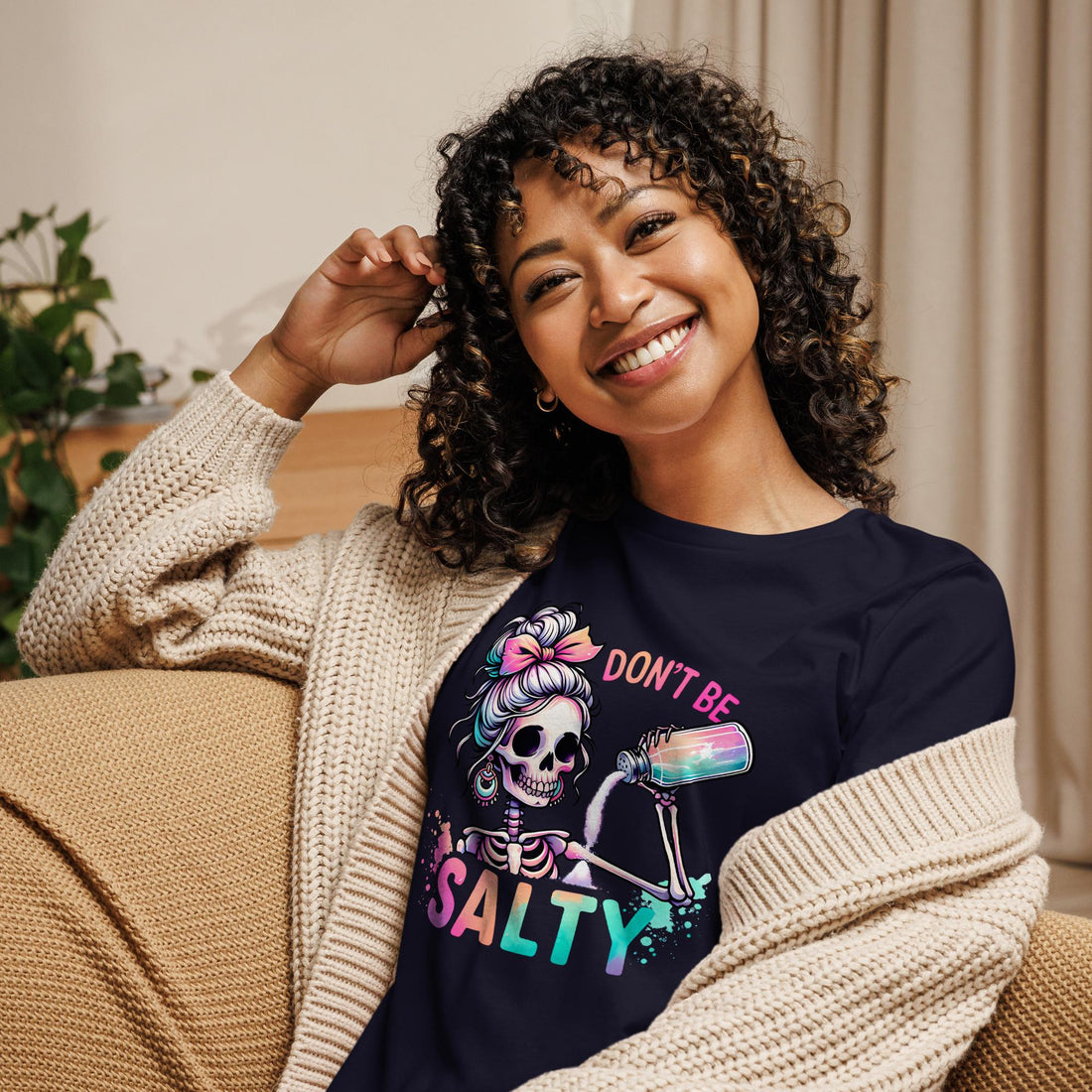 Don't Be Salty T-Shirt with Sassy Skeleton Pouring Salt - Fun Graphic Tee - Affirmation Apparel Co.