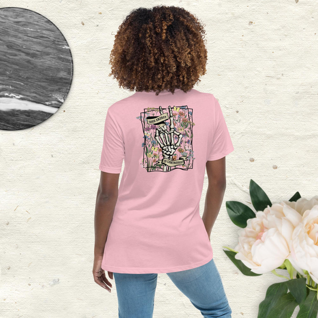 Good Energy Is Contagious T-Shirt with Skeleton Peace Sign, Wildflowers, and Butterflies - Positive Vibes Graphic Tee - Affirmation Apparel Co.