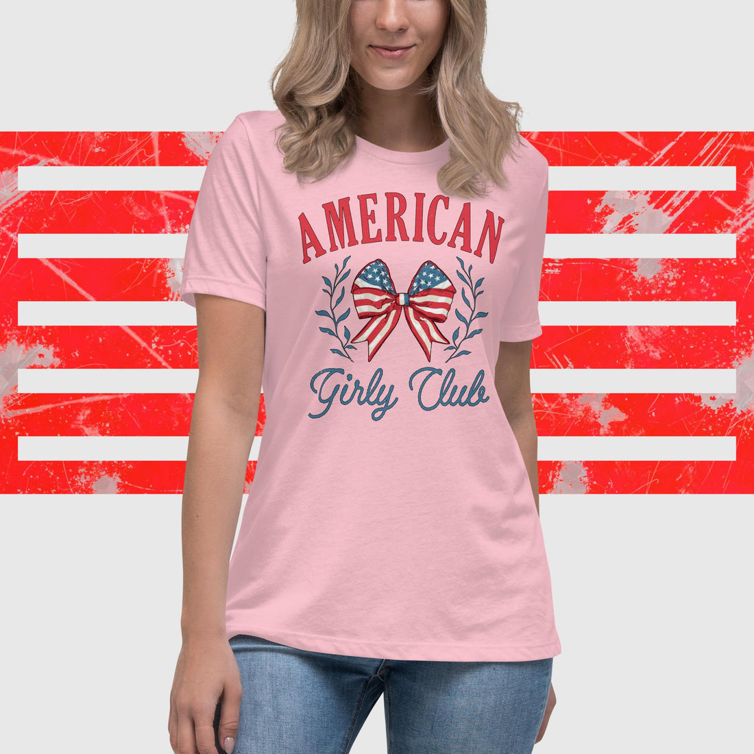 American Girly Club T-Shirt with Star-Spangled Coquette Bow - Patriotic Fashion Top - Affirmation Apparel Co.