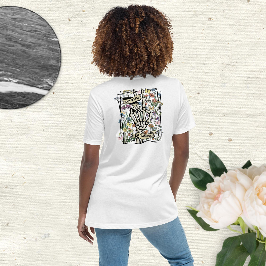 Good Energy Is Contagious T-Shirt with Skeleton Peace Sign, Wildflowers, and Butterflies - Positive Vibes Graphic Tee - Affirmation Apparel Co.