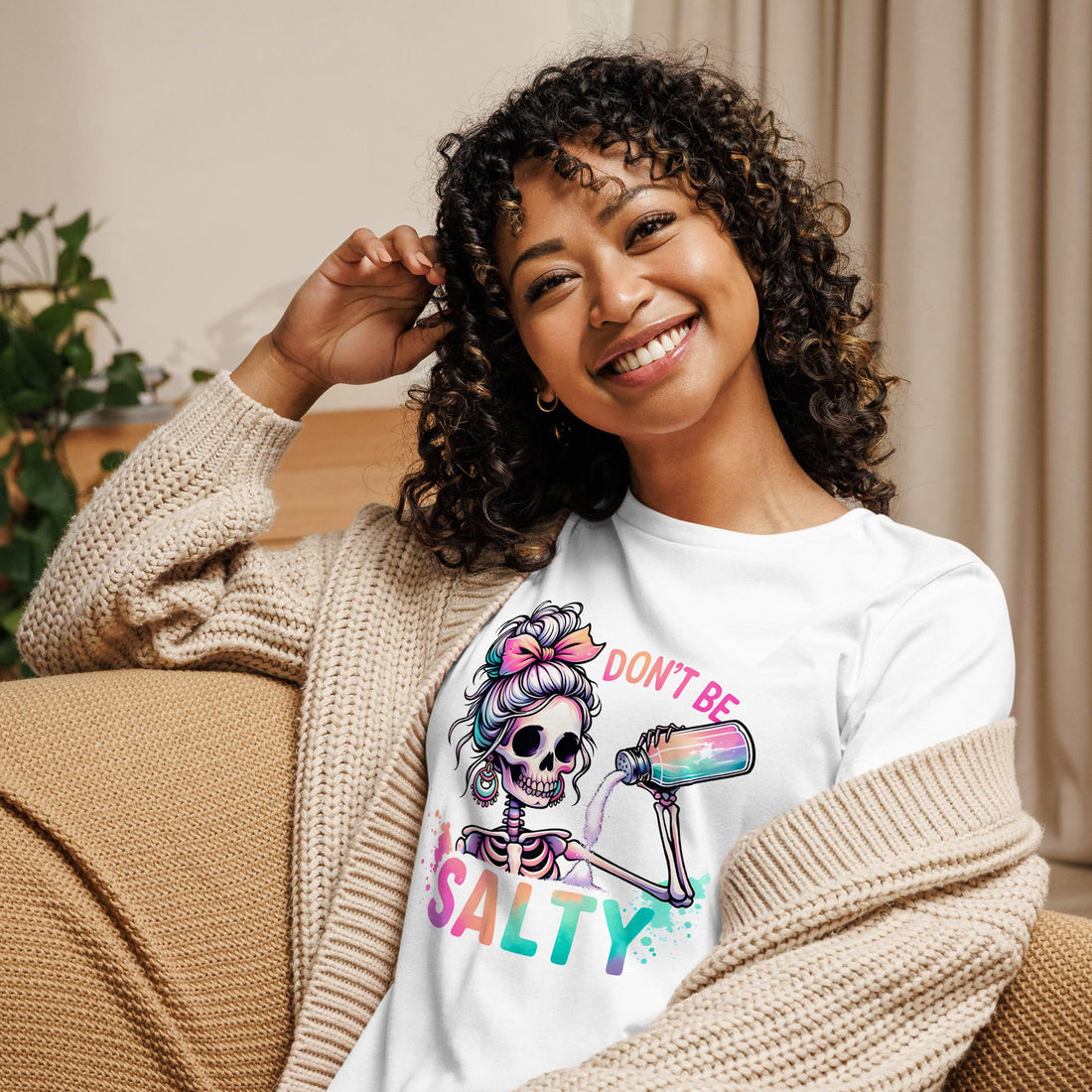 Don't Be Salty T-Shirt with Sassy Skeleton Pouring Salt - Fun Graphic Tee - Affirmation Apparel Co.